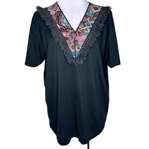 Vintage AREO Western Top Large Made in USA Southwestern Fringe Tapestry Tee 90s
